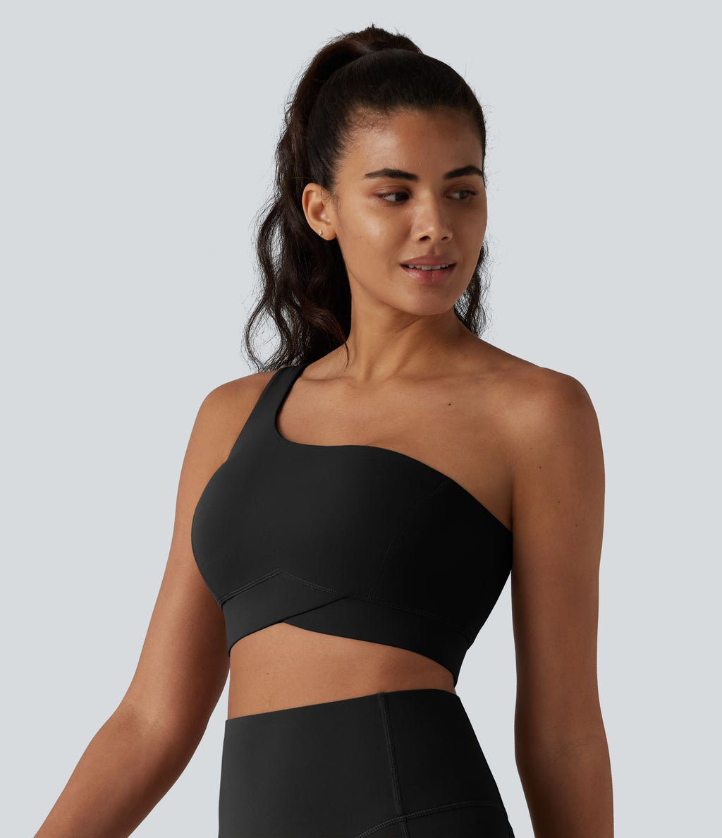 Halara UltraSculpt™ Brassière de sport et yoga à maintien léger, asymétrique une épaule, ourlet croisé avec soutien-gorge intégré