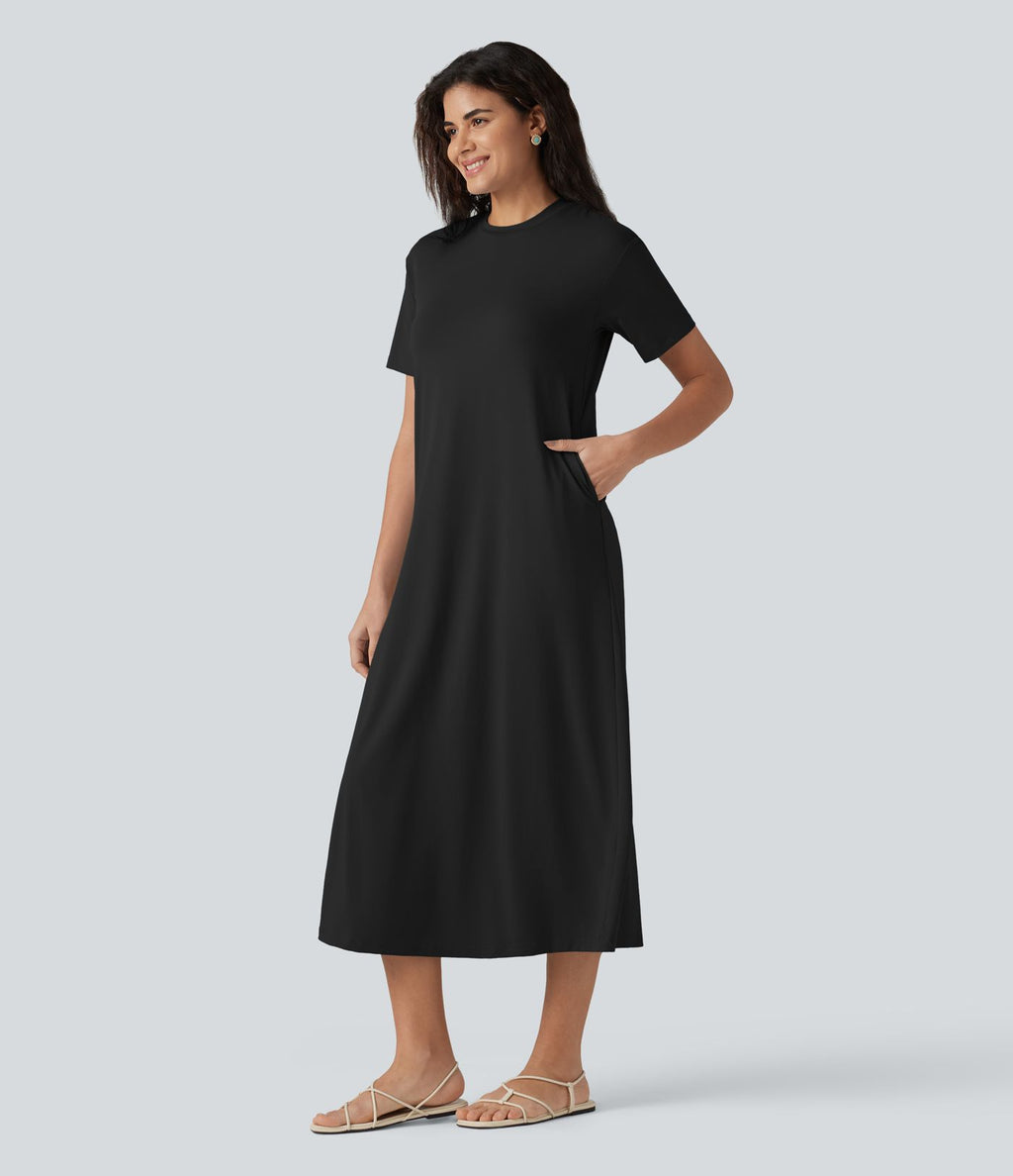 Robe midi décontractée à col rond, manches courtes et poches