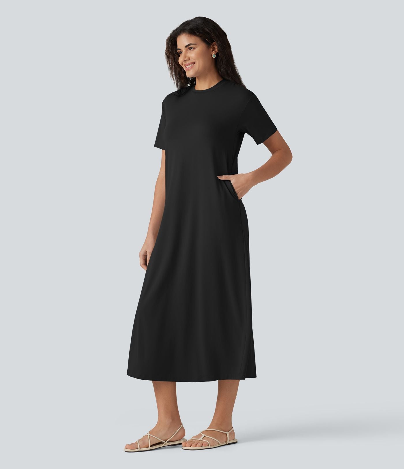 Robe midi décontractée à col rond, manches courtes et poches