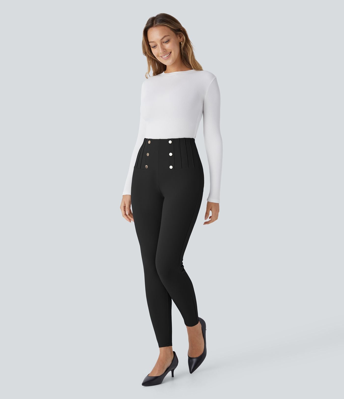 Pantalon tailleur skinny gainant taille haute à chevrons avec poches arrière zippées décoratives
