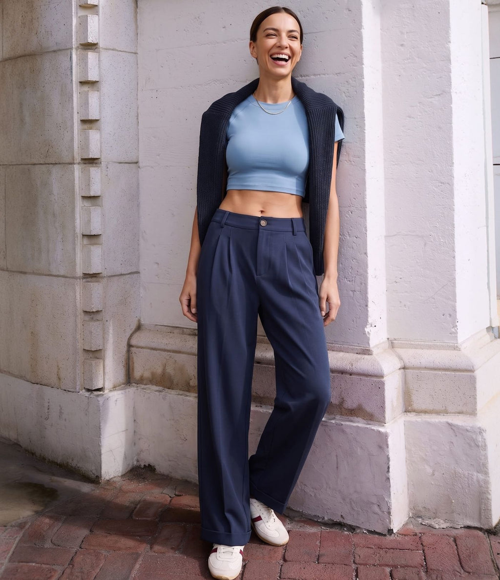 Pantalon casual fuselé 7/8 taille mi-haute plissé en popeline extensible à ourlet retroussé avec poches