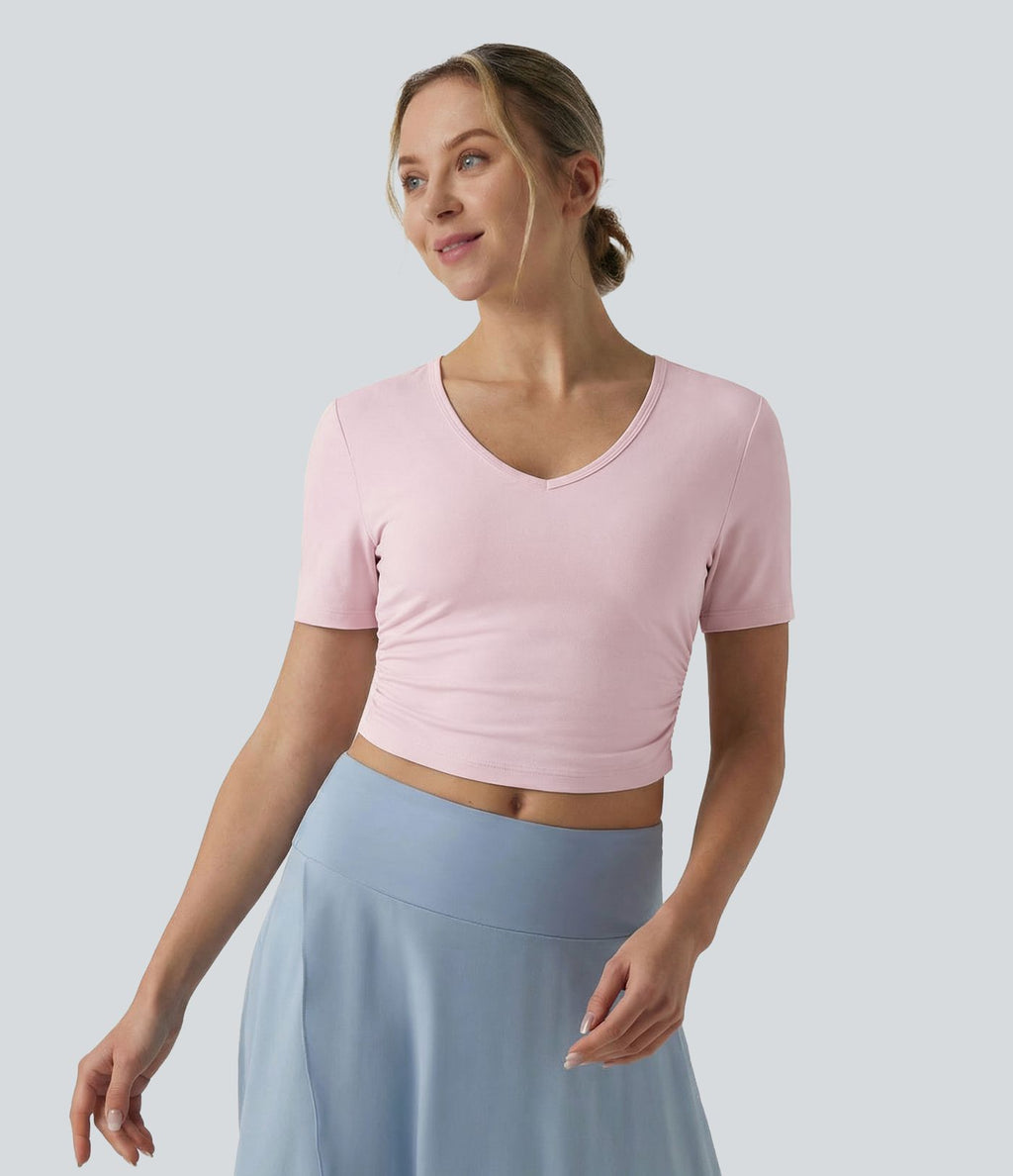 T-shirt décontracté col V manches courtes coupe courte