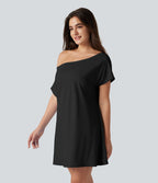 Robe courte décontractée SoftlyZero™ Airy à une épaule manches courtes avec brassière intégrée effet frais InstantCool