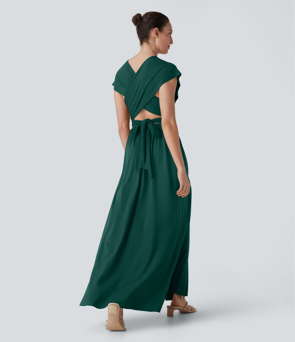 Robe longue de soirée col V, manches courtes, dos croisé à nouer, fendue avec poche latérale