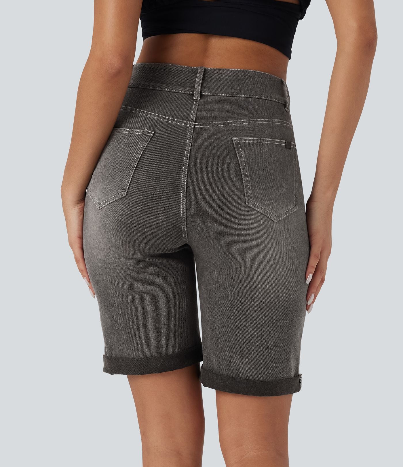Bermuda décontracté en jean extensible délavé Halara Flex™ taille haute avec revers et multiples poches