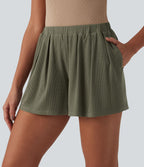 Short tailleur casual ample taille mi-haute côtelé maille avec poches