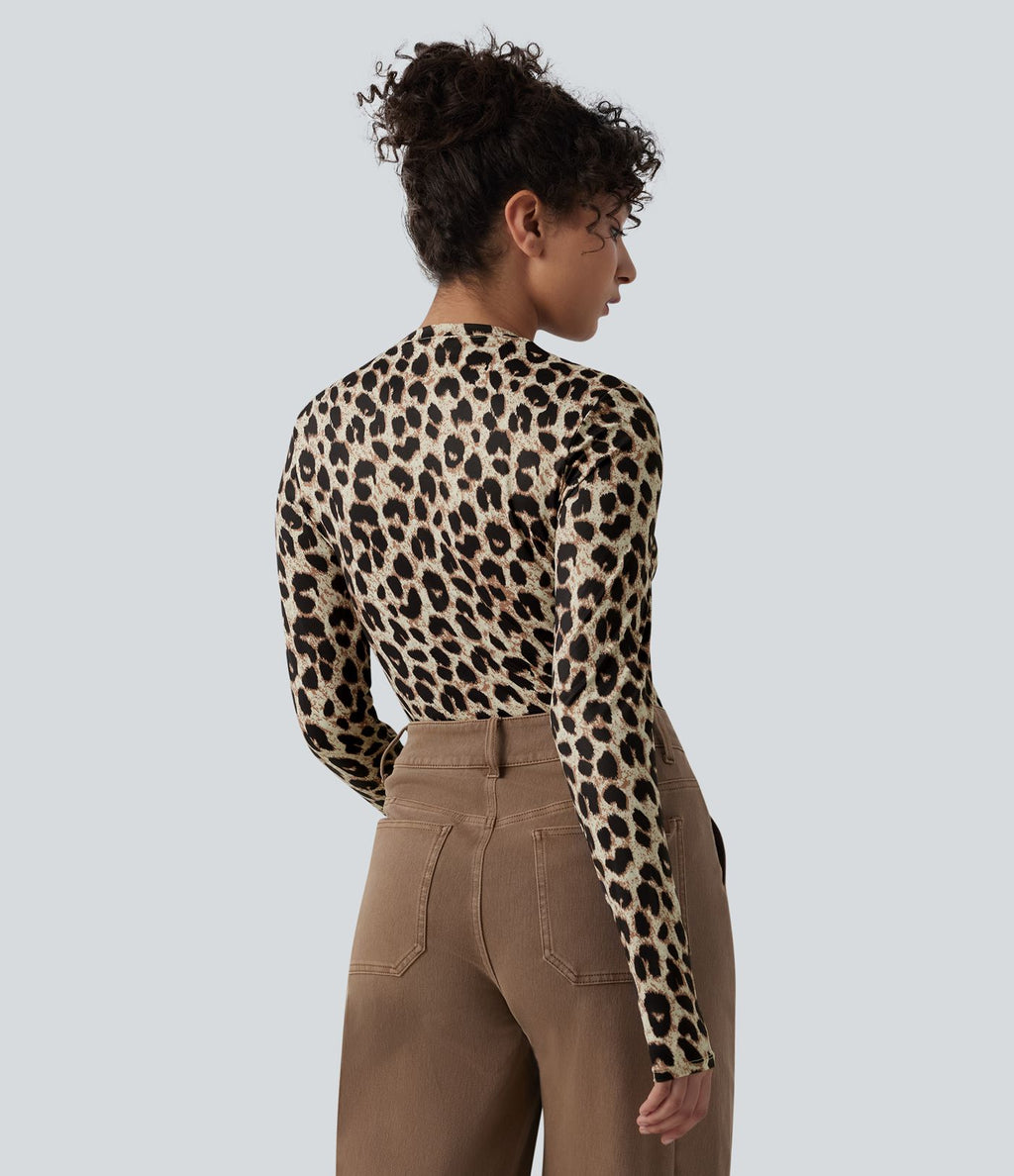 Top casual ajusté col rond manches longues imprimé léopard