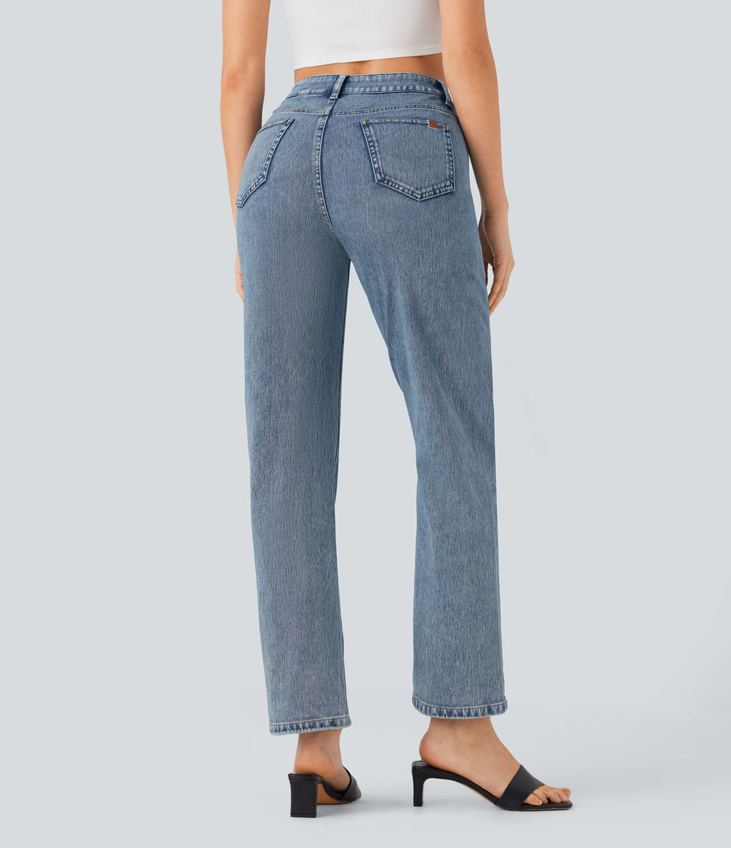 Halara Flex™ Jean droit extensible à taille haute avec bouton, fermeture éclair et poches multiples