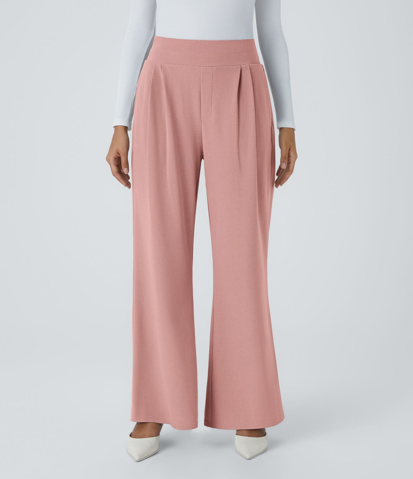 Halara Flex™ Pantalon Tailleur en Tissu Gaufré Taille Haute avec Large Ceinture Plis Poches Latérales Jambes Larges