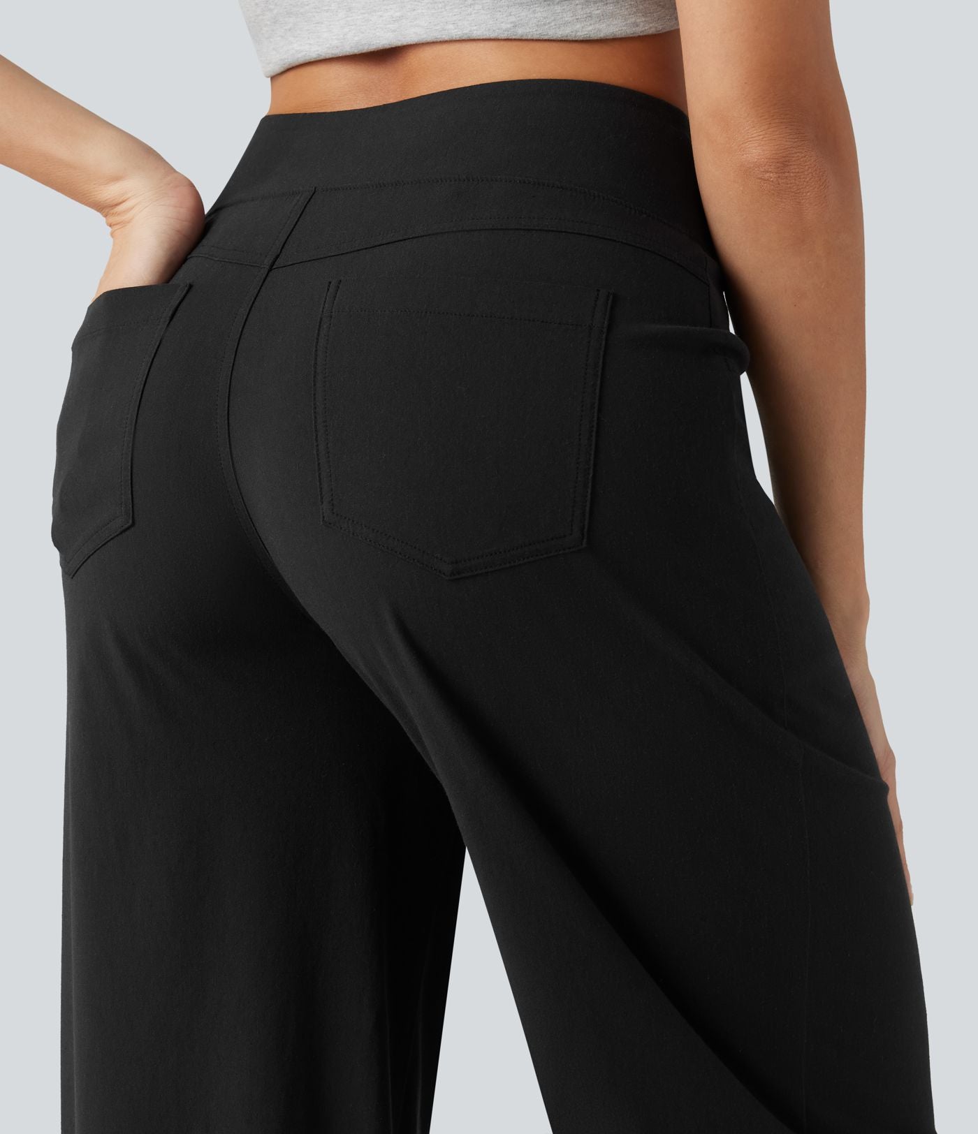 Pantalon large fluide décontracté en lin stretch taille haute gainant avec poches