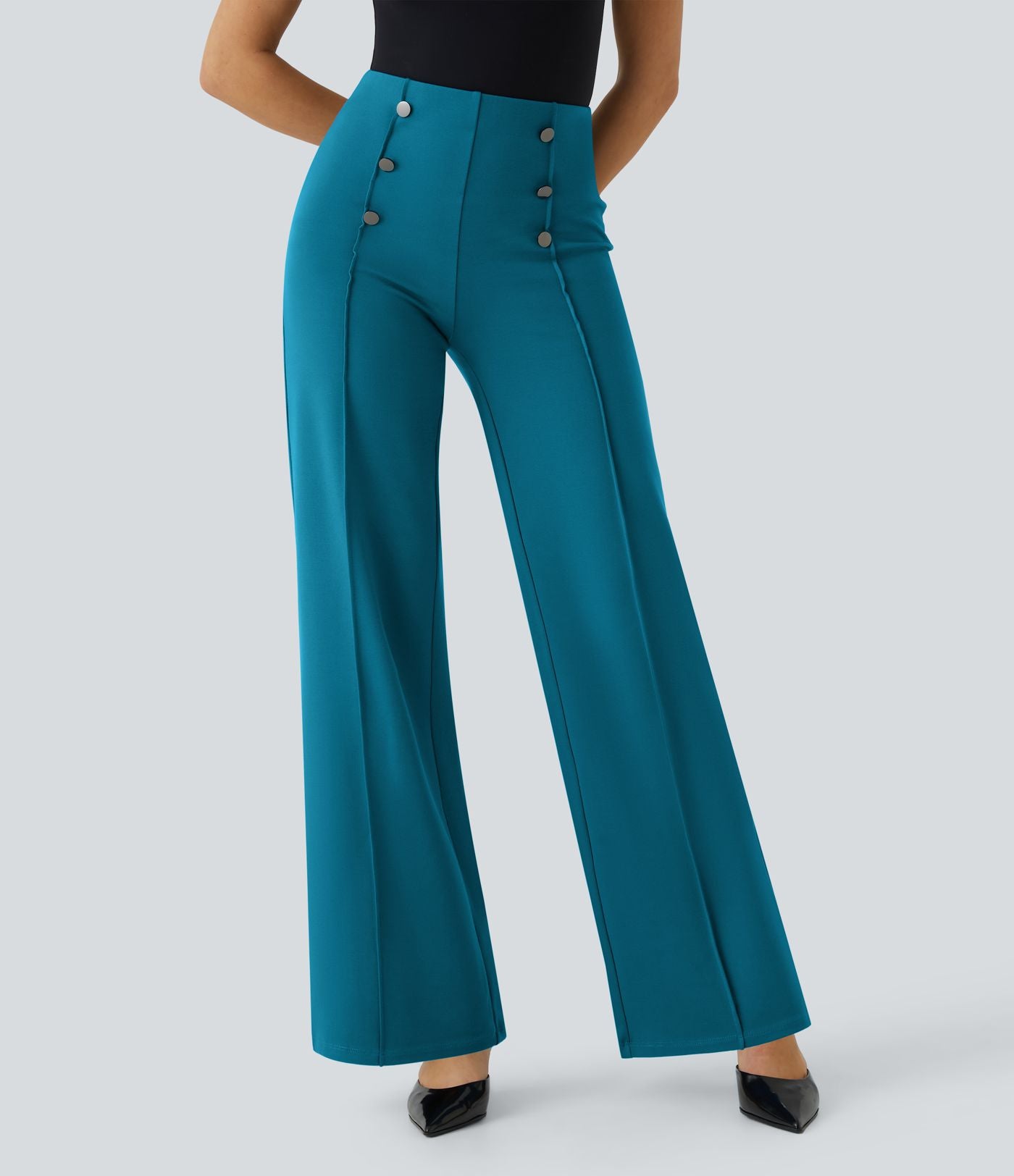 Pantalon Tailleur Large Taille Haute avec Bouton et Poches