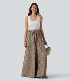 Pantalon casual large imprimé léopard taille haute avec nœud devant et poches