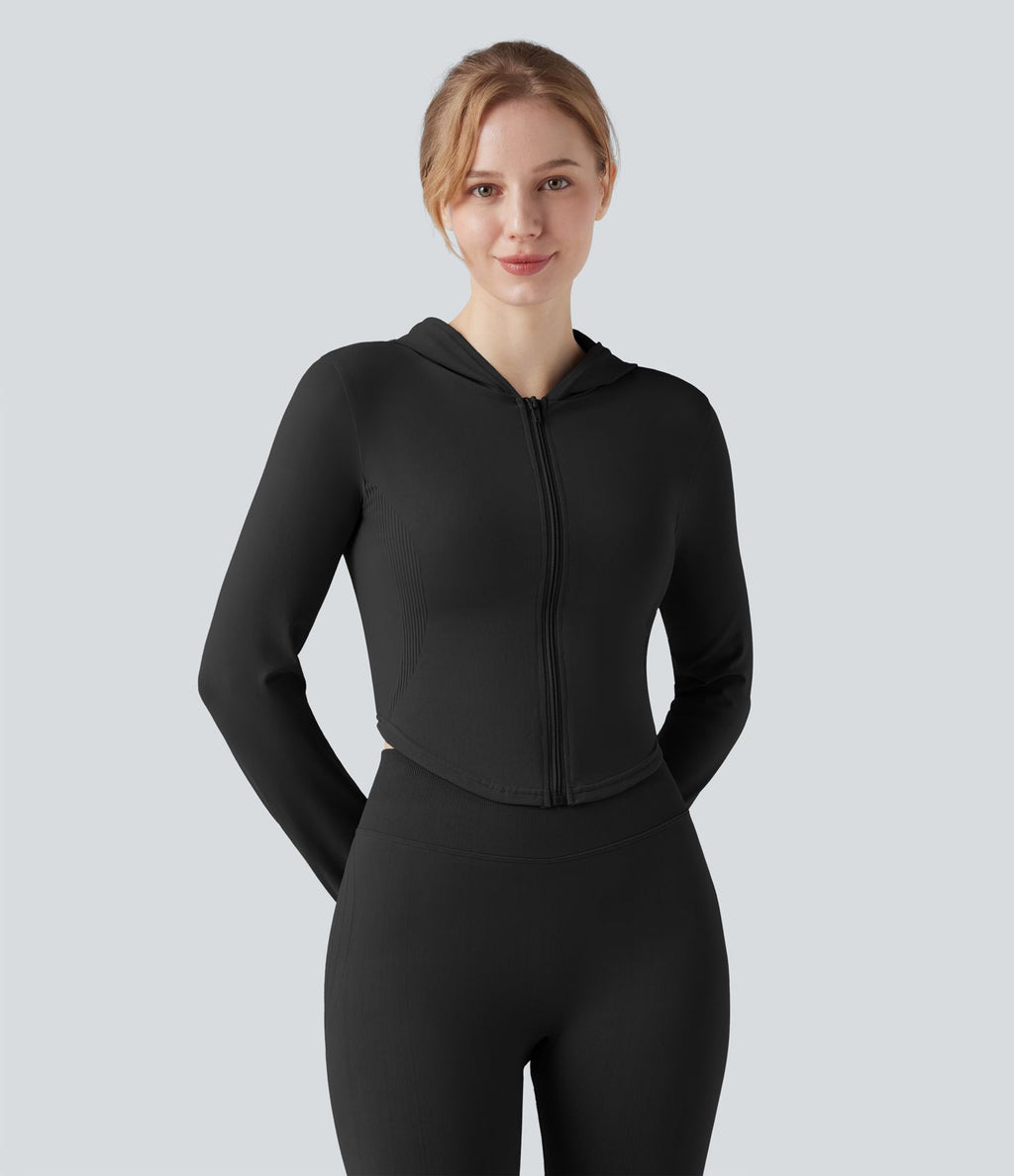 Veste yoga à capuche zippée à manches longues avec passants pouces et ourlet arrondi sans couture OneForm Seamless Flow