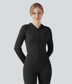Veste yoga à capuche zippée à manches longues avec passants pouces et ourlet arrondi sans couture OneForm Seamless Flow