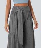 Pantalon danse large fluide taille haute smocké nœuds devant et dos