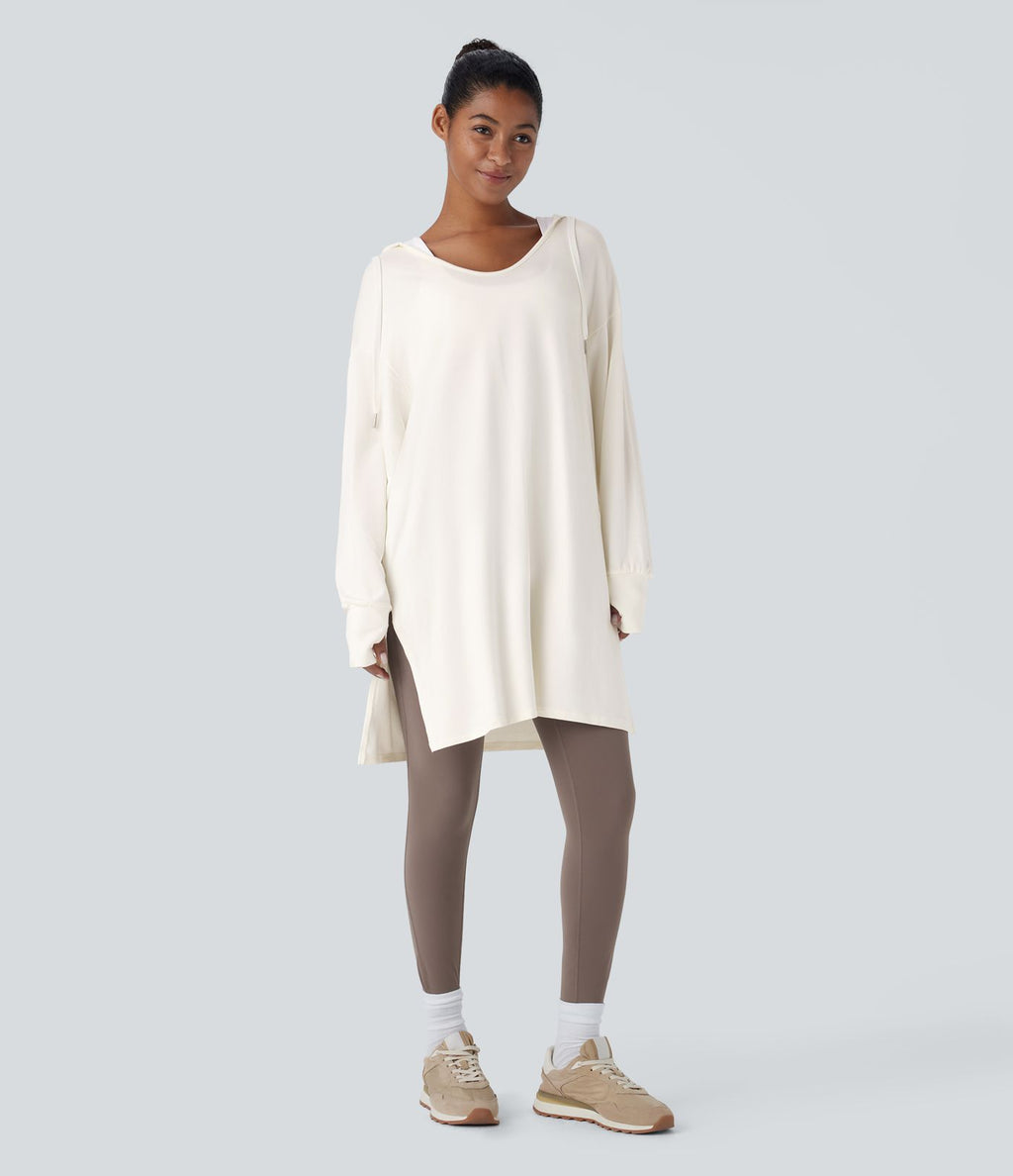 Sweatshirt Casual à Capuche Encolure en V Cordon de Serrage Trou pour le Pouce Fente et Coupe Longue