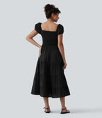 Robe midi décontractée à volants, col Queen Anne, manches bouffantes froncées et poches