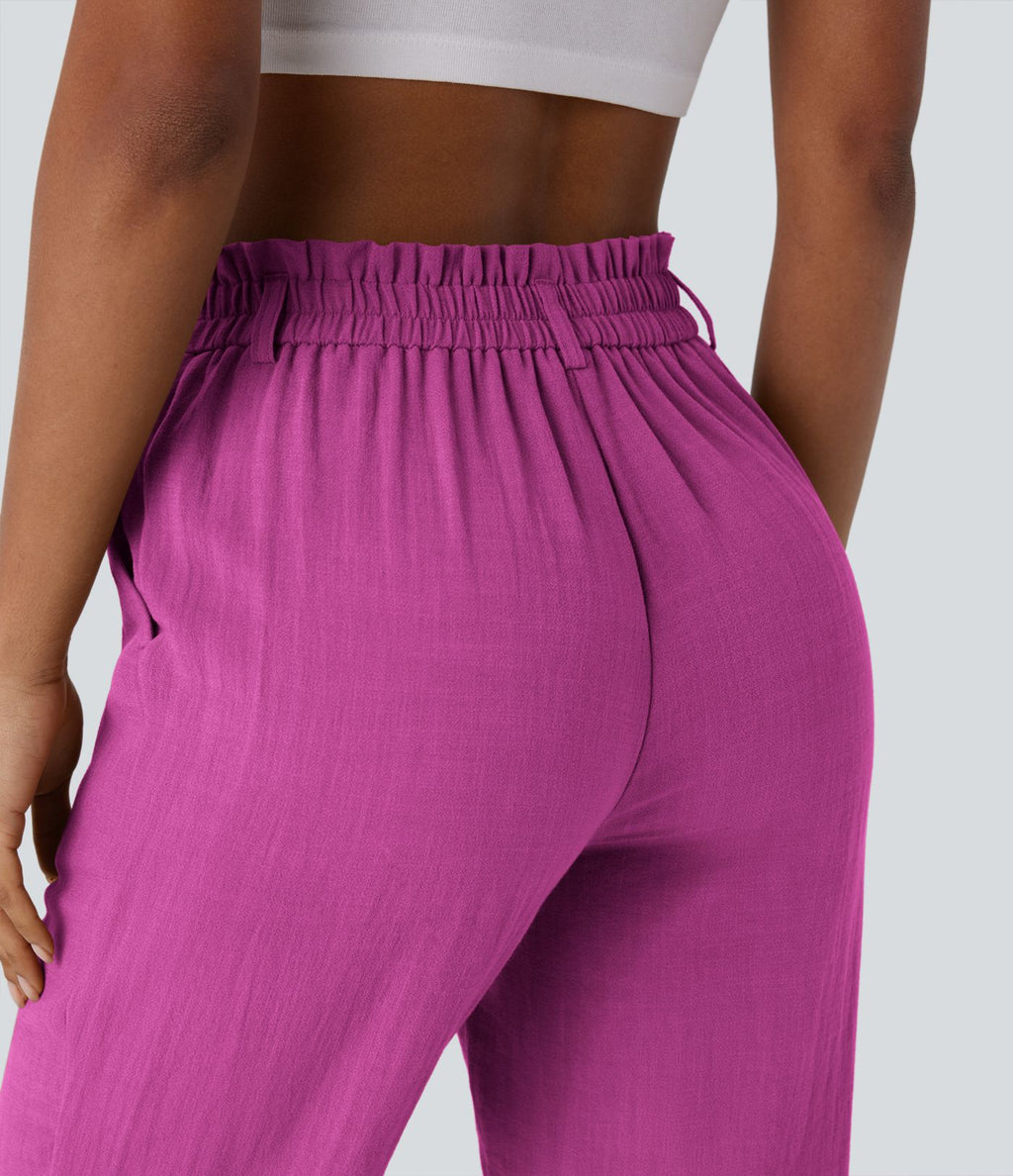 Pantalon capri effet lin taille haute avec poches zippées