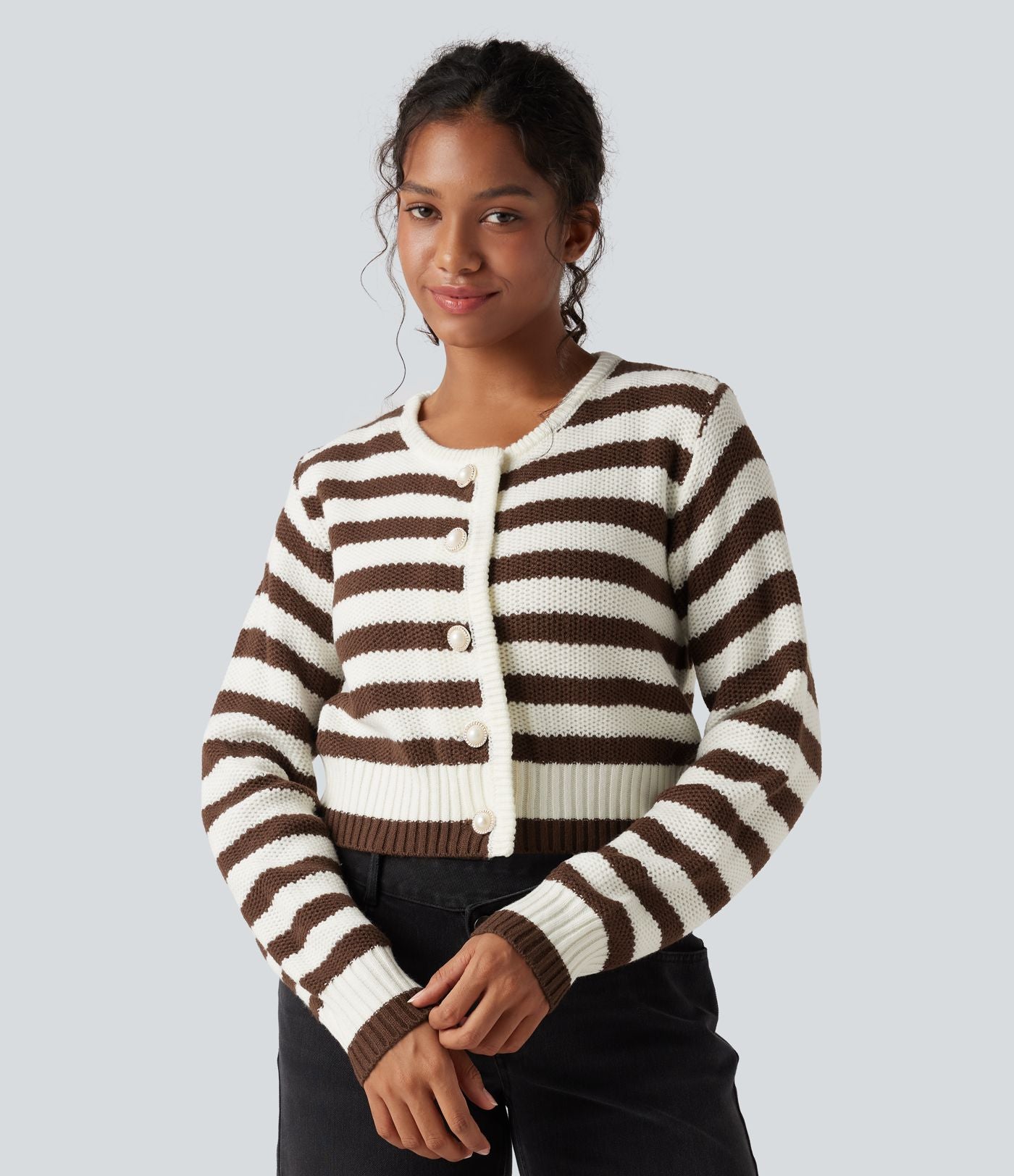 Cardigan tailleur rayé col rond manches longues