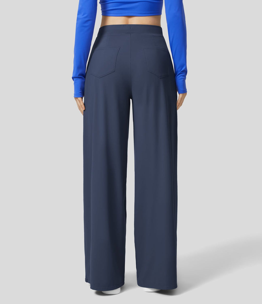 Pantalon Large Yoga Taille Haute avec Cordon de Serrage Plusieurs Poches et Plis