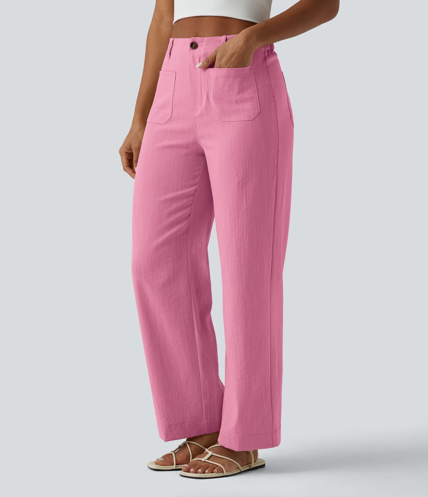 Pantalon taille haute coupe droite effet lin avec poches