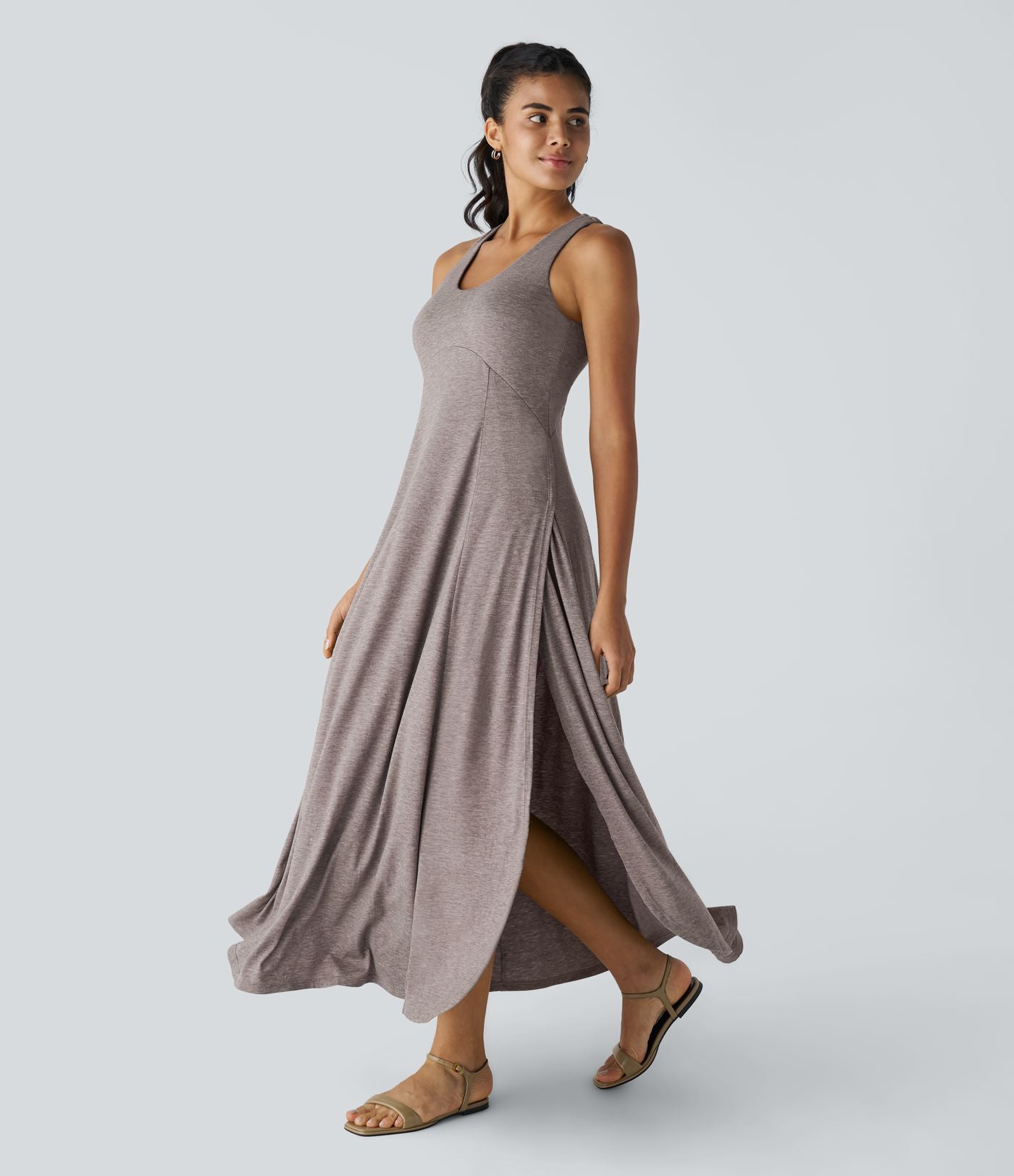 Robe Casual Débardeur Longue Fluide Fendue Dos Nu à Col en U
