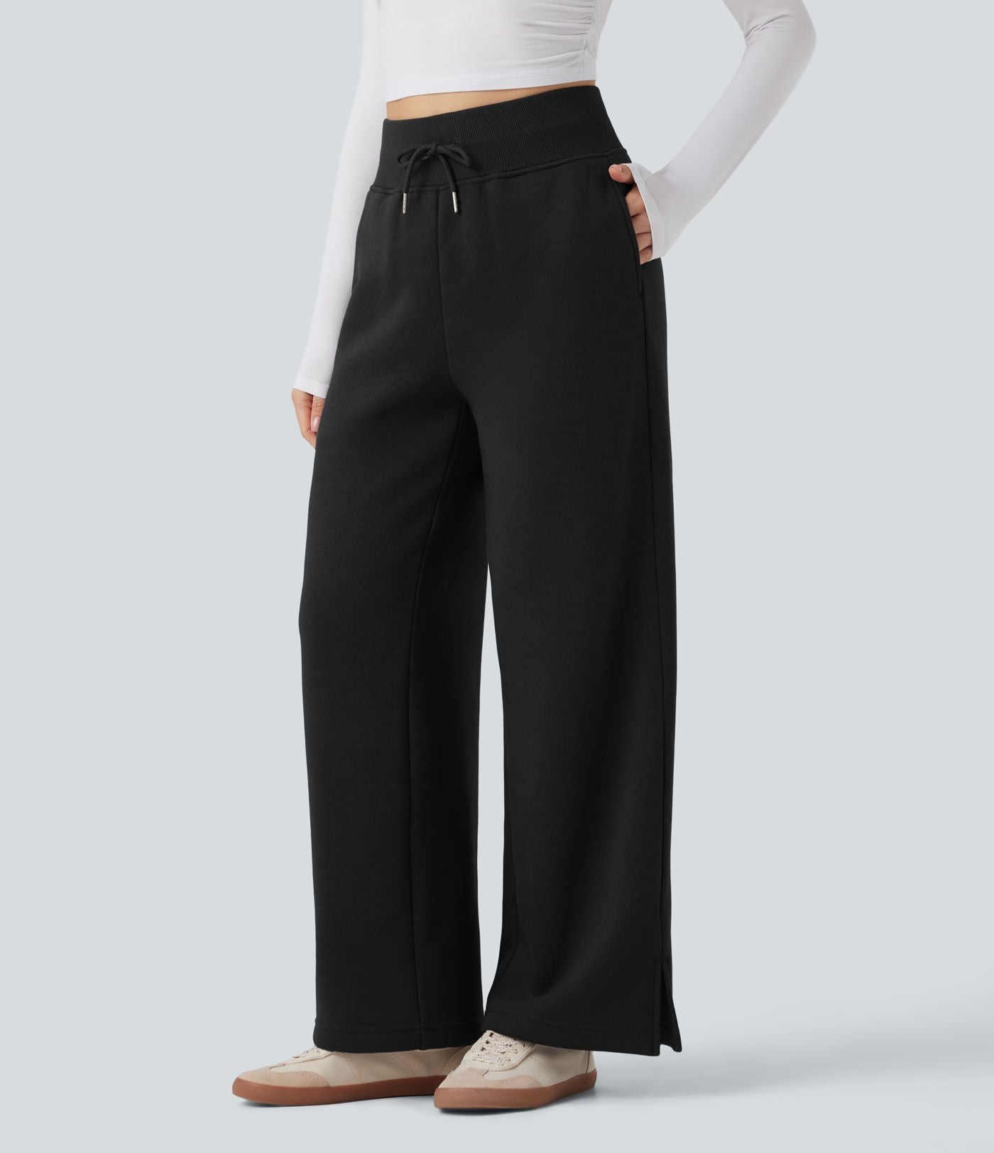 Pantalon jogging décontracté polaire taille haute jambe large avec cordon de serrage ourlet fendu et poches