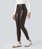 Pantalon 7/8 moulant décontracté polaire gainant taille haute extensible effet cuir avec poches