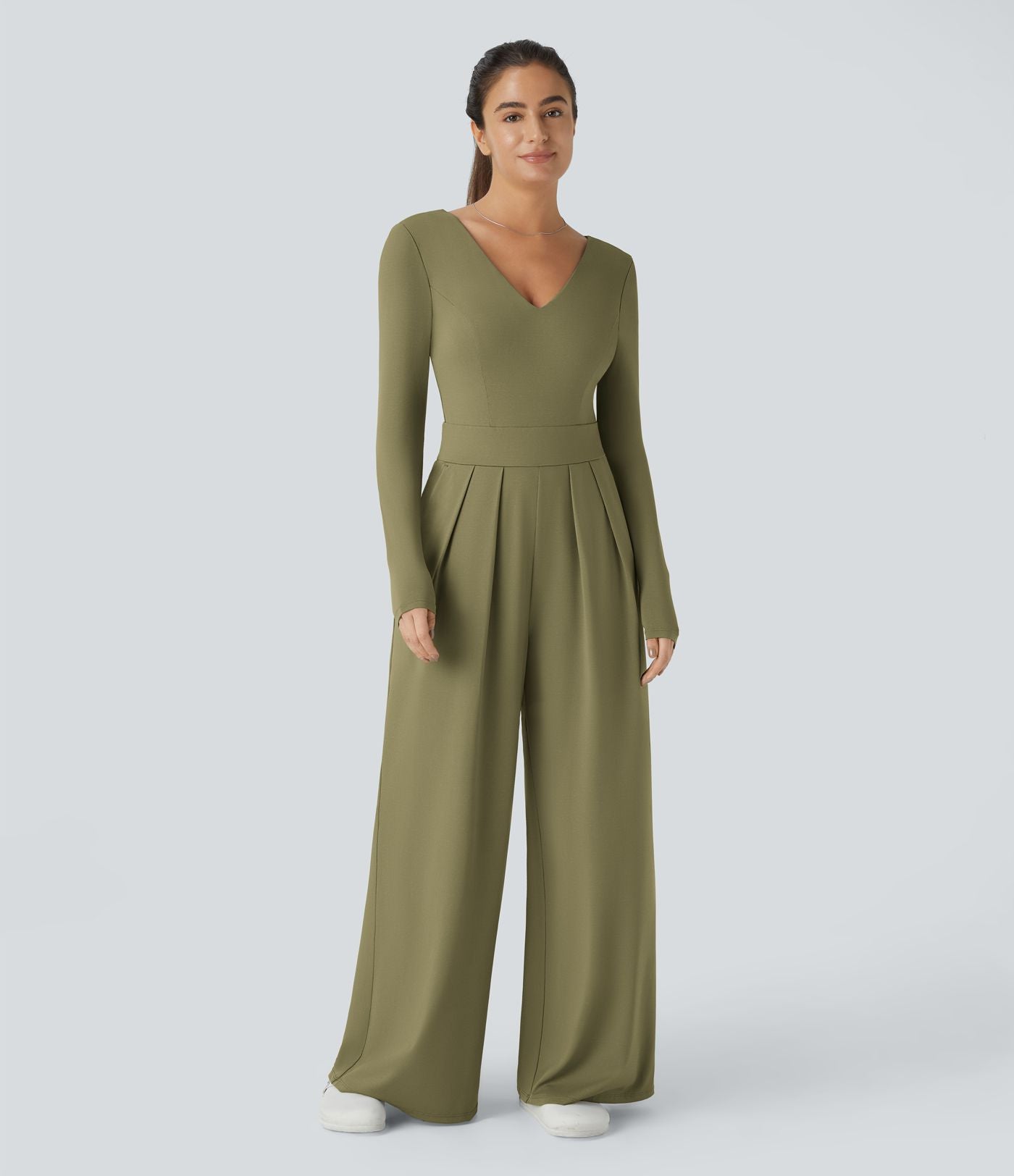 Combinaison Casual à Manches Longues Décolleté en V et Dos Nu Avec Poches Latérales Plissées et Jambes Larges