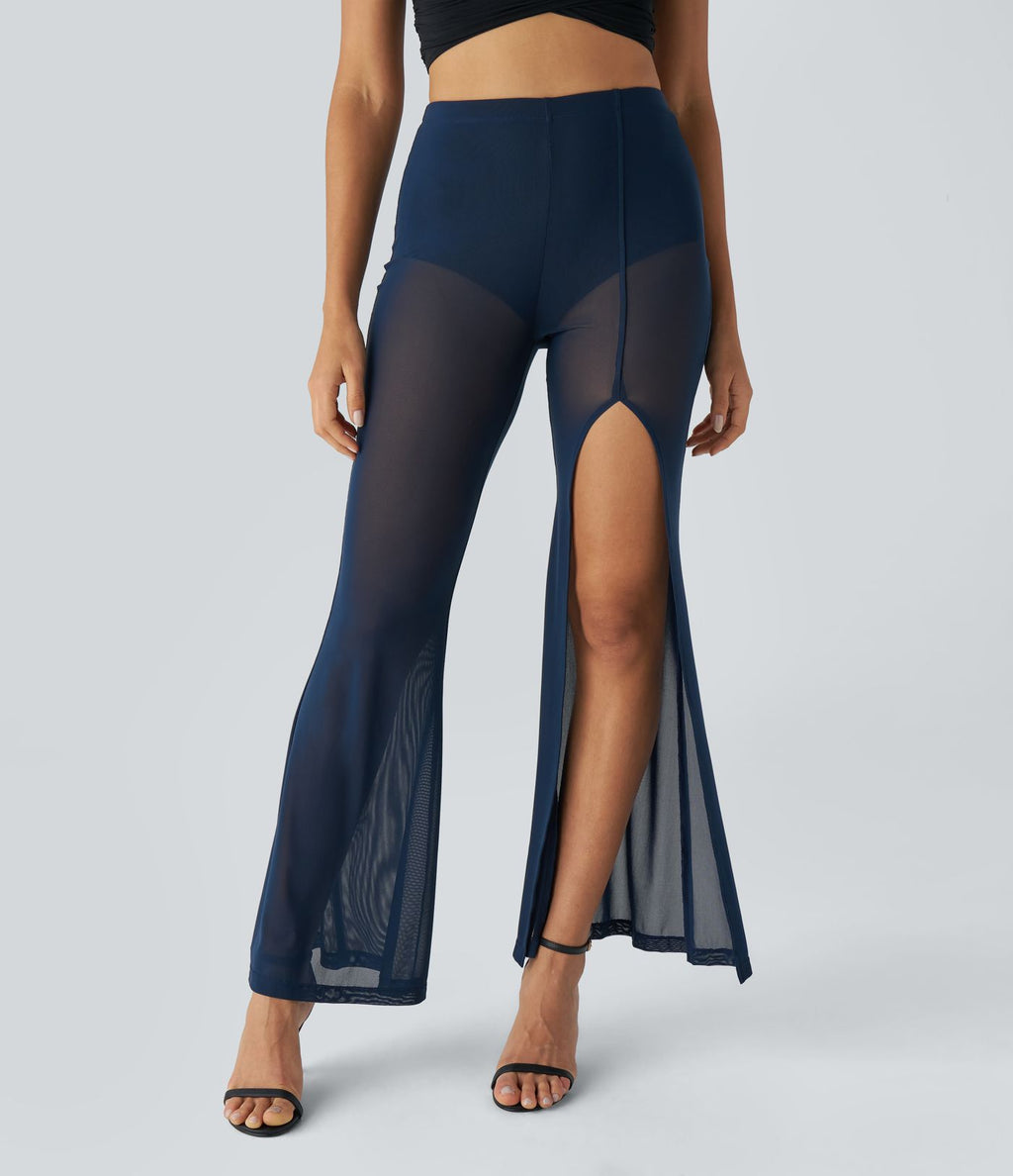 Pantalon Casual Évasé en Maille Taille Haute Fente Haute 2 en 1