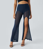 Pantalon Casual Évasé en Maille Taille Haute Fente Haute 2 en 1
