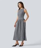 Robe midi décontractée à carreaux vichy, col bateau, sans manches, avec poches
