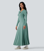 Robe longue évasée col Henley manches longues