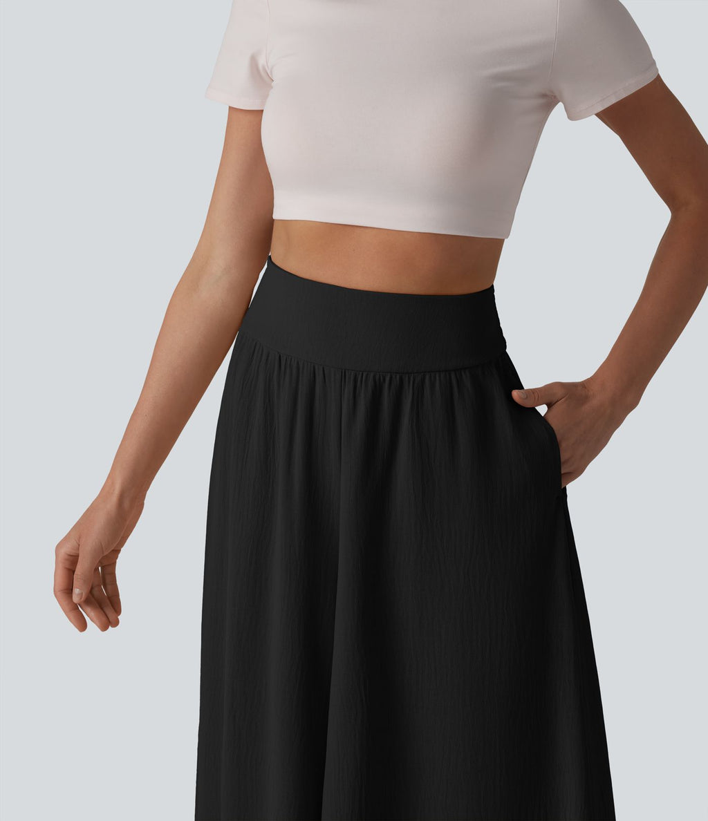 Pantalon fluide décontracté taille haute froncé aspect lin avec poches