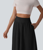 Pantalon fluide décontracté taille haute froncé aspect lin avec poches