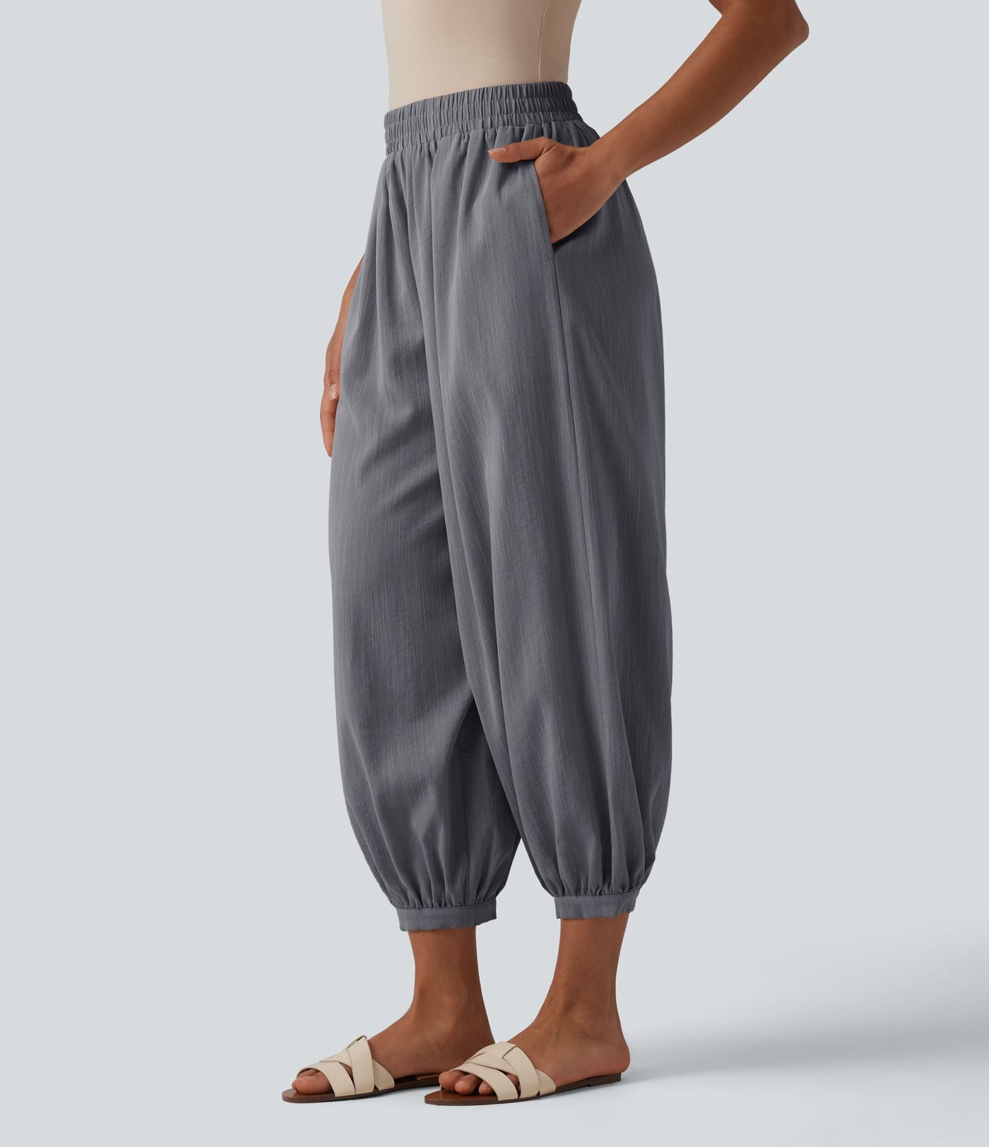 Pantalon décontracté coupe ballon taille haute aspect lin avec poches