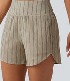 Short casual taille haute ourlet arrondi rayures avec poches