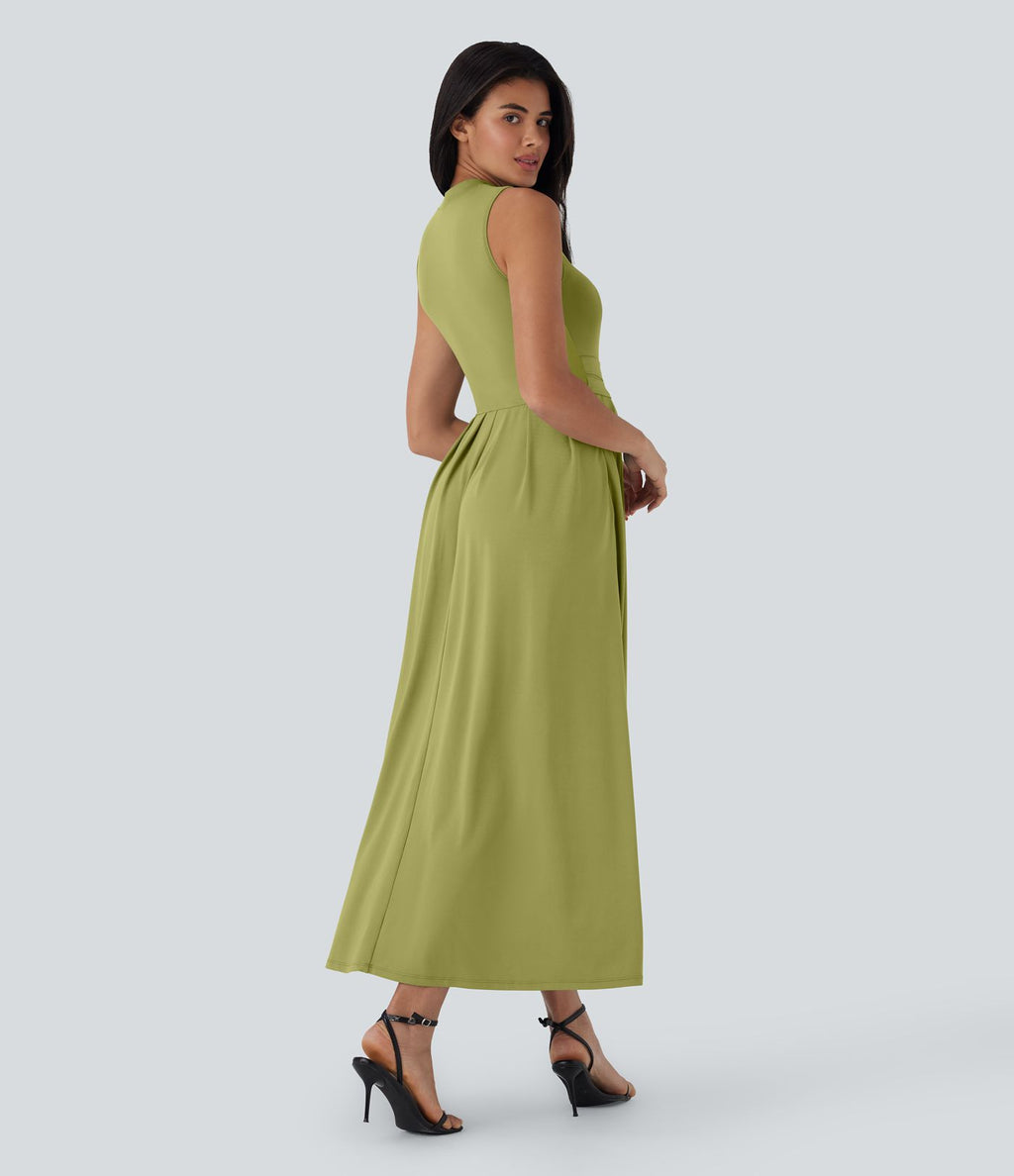 Robe longue décontractée sans manches à col montant, coupe évasée et poches latérales