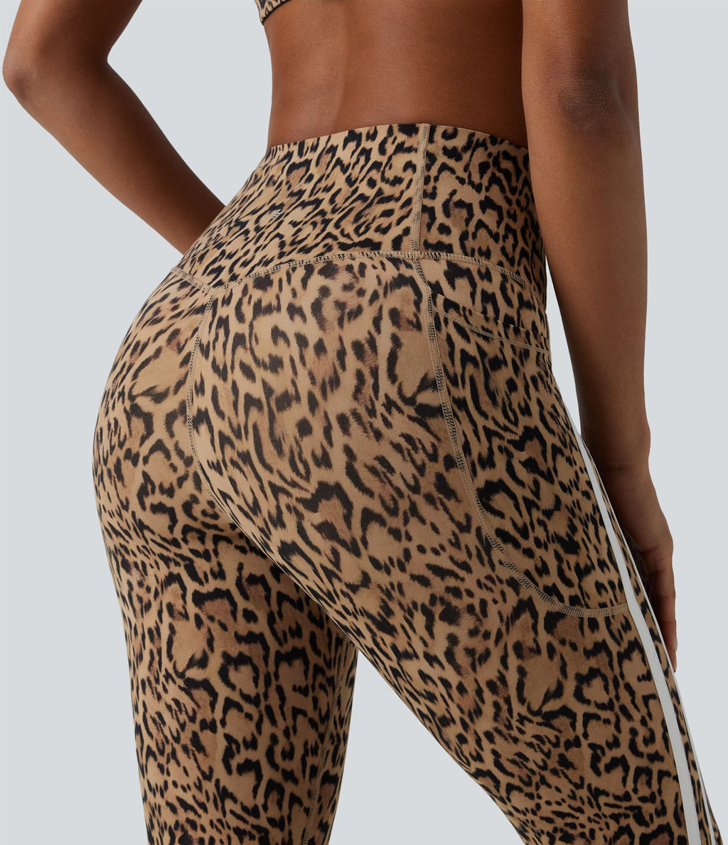 Legging 7/8 d'entraînement taille haute gainant imprimé léopard et rayures color block Halara UltraSculpt™ avec poches