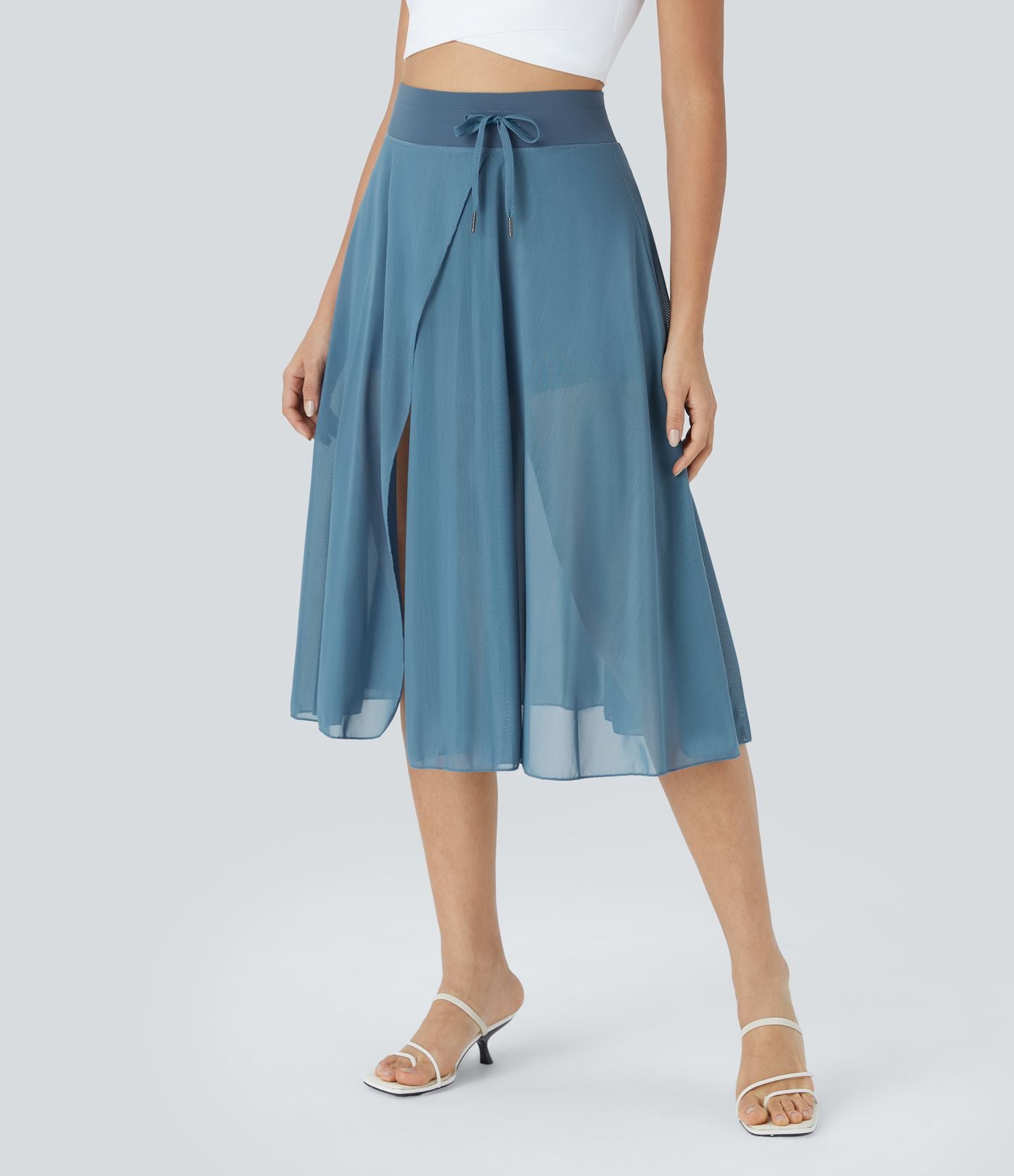 Jupe Casual Évasée Mesh Mi-Longue Fuide 2 en 1 Contrastée Taille Haute Cordon Poche Latérale