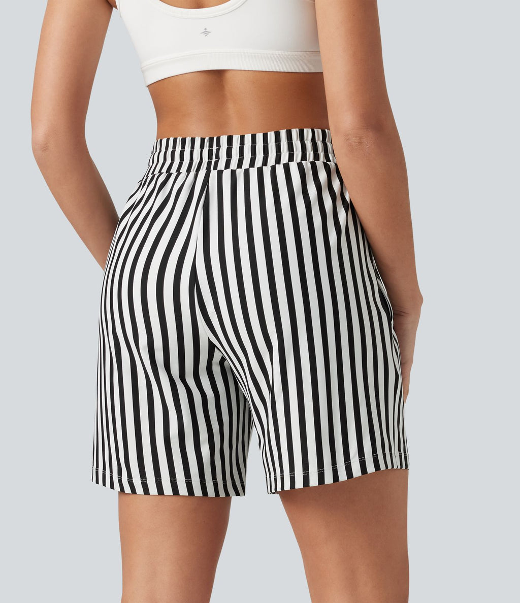 Short de yoga 2 en 1 à rayures taille haute avec cordon de serrage, poches, 17,5 cm