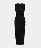 Robe Midi Casual Moulante  Ourlet Fendu Col Rond Découpes Torsadées Froncée Cordon Serrage