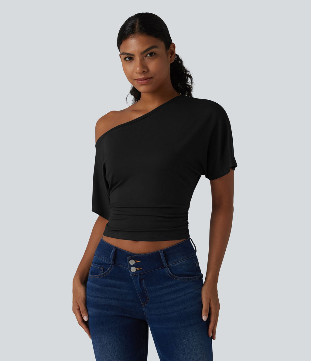 T-shirt casual asymétrique une épaule froncé à manches courtes avec soutien-gorge intégré