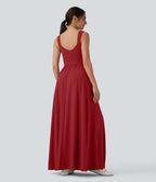 Robe maxi fluide dos nu, avec brassière intégrée et poches