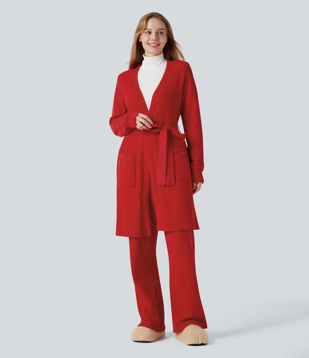 Robe d'intérieur longue tricot ouverte ceinturée manches longues avec poches