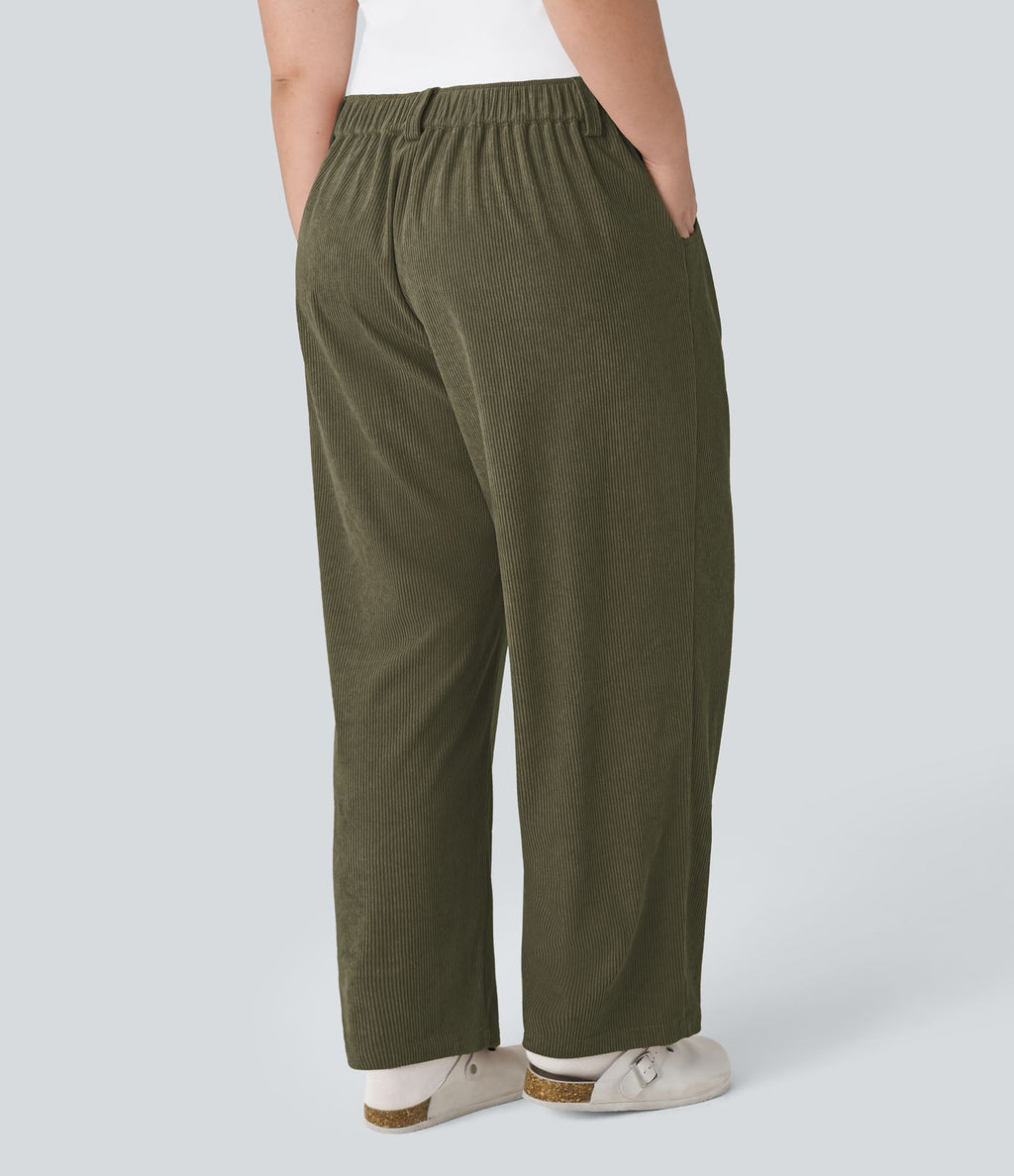 Pantalon Casual Grande Taille Velours Côtelé Taille Mi-haute Boutonnés Fermeture Éclair Poches Latérales