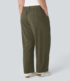 Pantalon Casual Grande Taille Velours Côtelé Taille Mi-haute Boutonnés Fermeture Éclair Poches Latérales