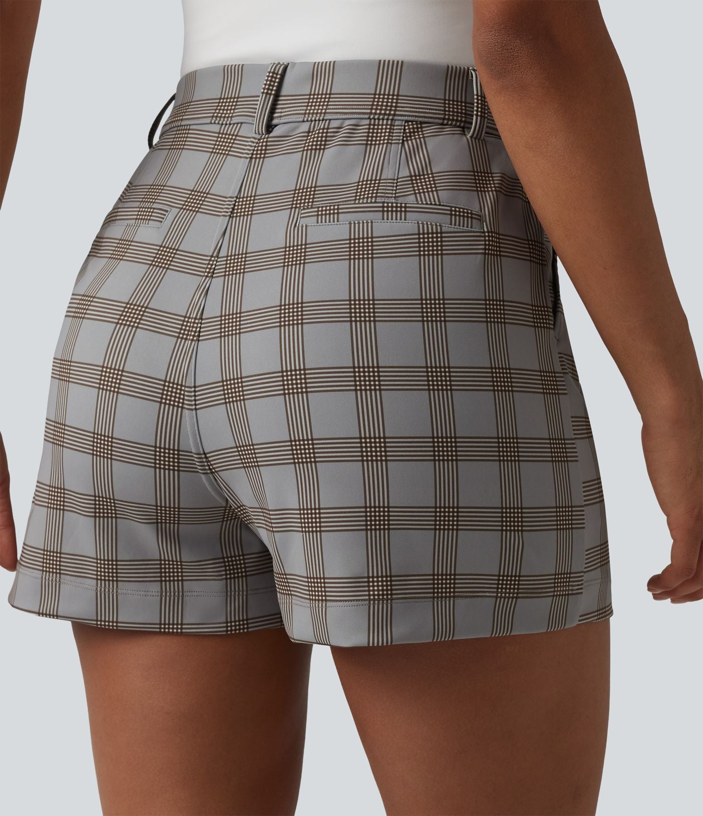 Short tailleur droit à carreaux taille haute avec poches