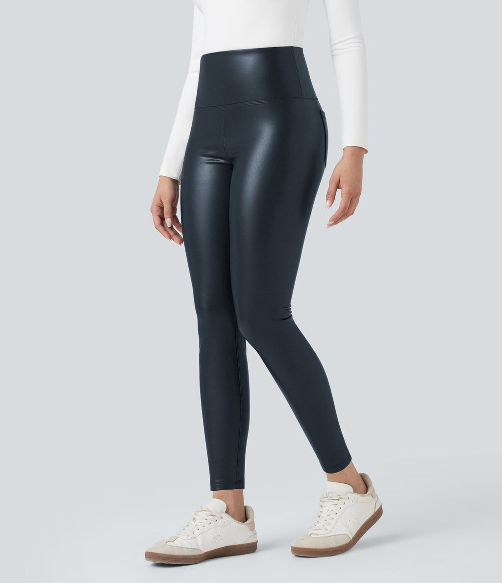Pantalon 7/8 moulant décontracté polaire gainant taille haute extensible effet cuir avec poches
