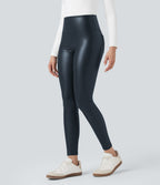 Pantalon 7/8 moulant décontracté polaire gainant taille haute extensible effet cuir avec poches